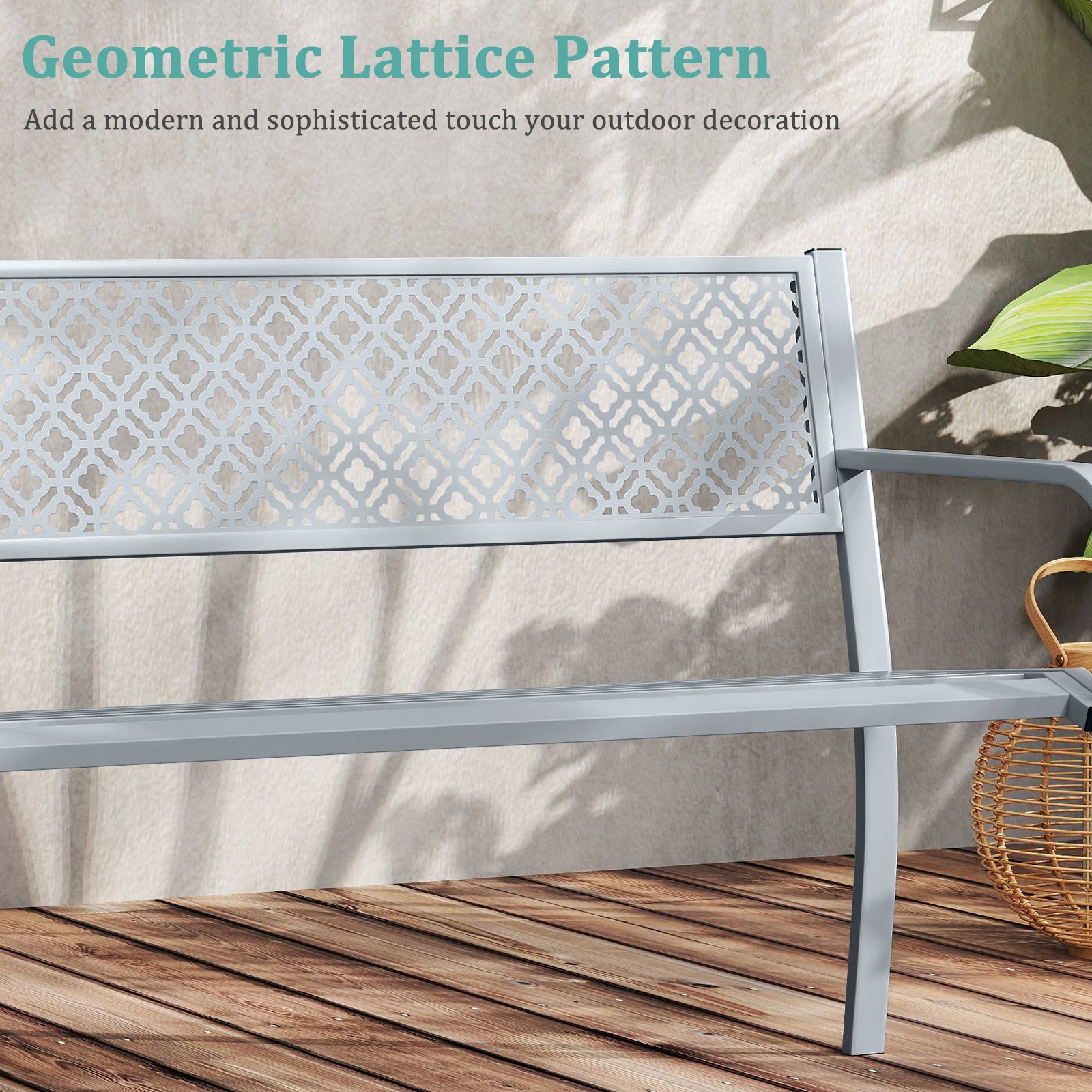50 Inches Outdoor Garden Bench with Geometric Lattice Backrest and Slatted Seat, Gray Outdoor Benches at Gallery Canada
