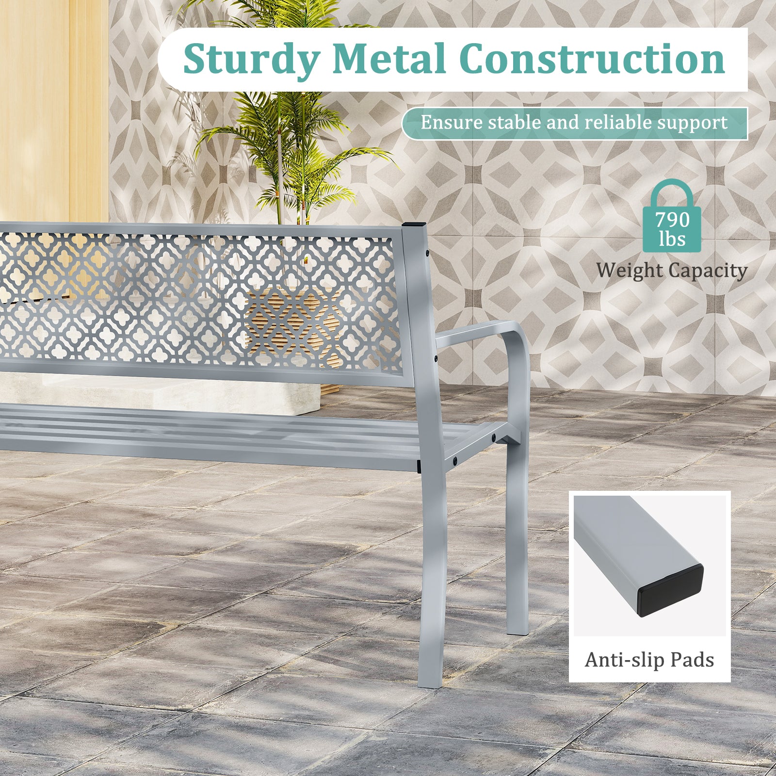 50 Inches Outdoor Garden Bench with Geometric Lattice Backrest and Slatted Seat, Gray Outdoor Benches at Gallery Canada