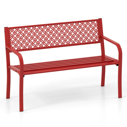 50 Inch Outdoor Garden Bench, Geometric Lattice Backrest, Slatted Seat, Red Outdoor Benches Red at Gallery Canada