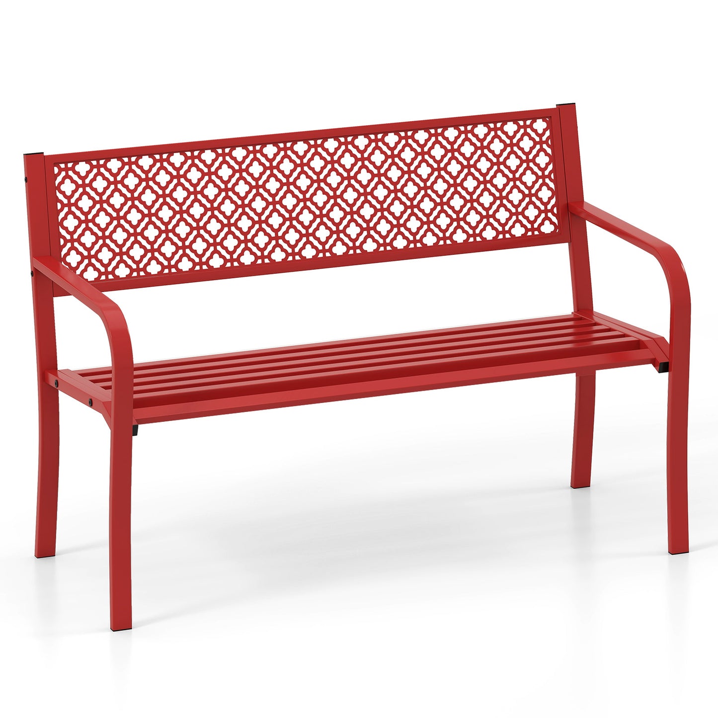 50 Inch Outdoor Garden Bench, Geometric Lattice Backrest, Slatted Seat, Red Outdoor Benches at Gallery Canada