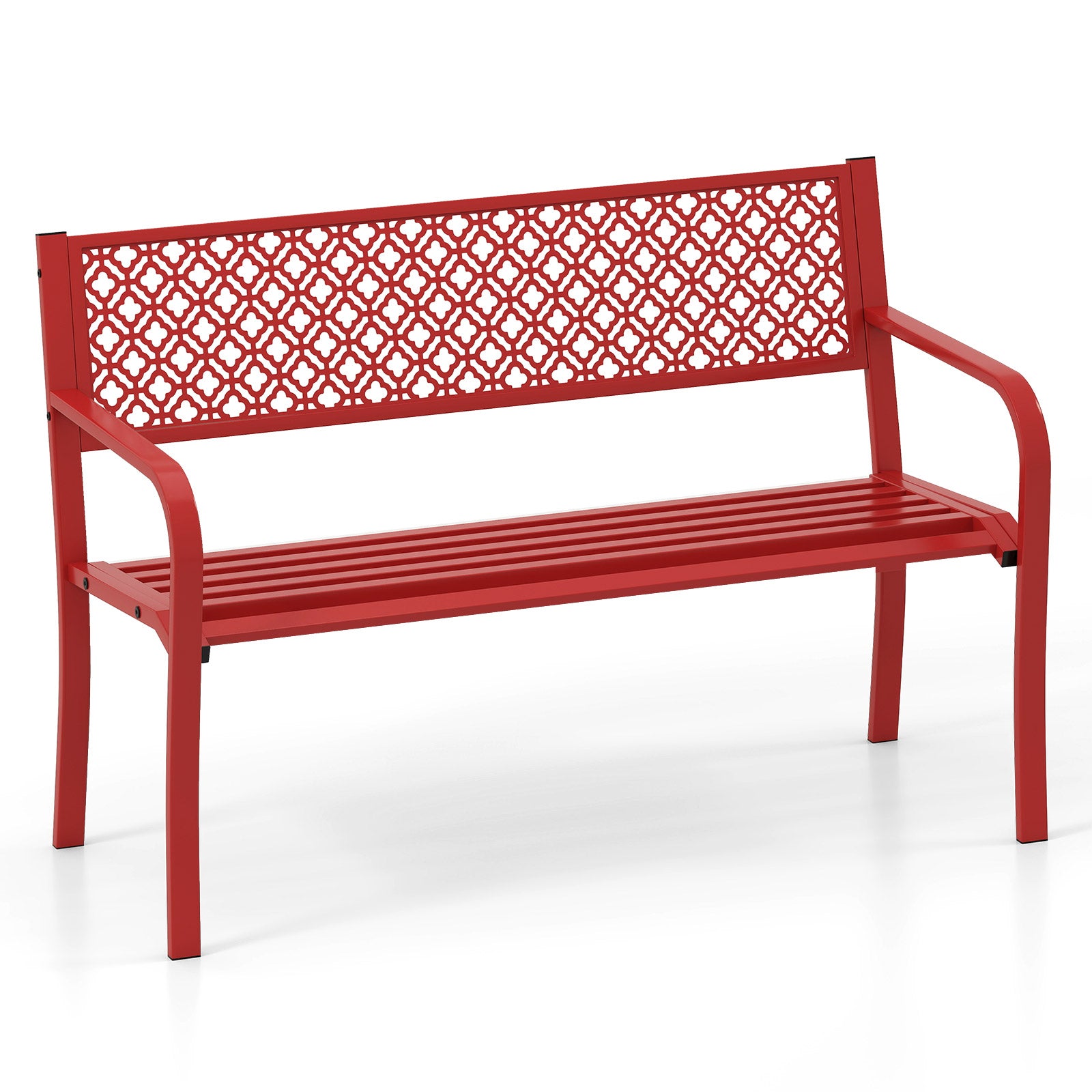 50 Inch Outdoor Garden Bench, Geometric Lattice Backrest, Slatted Seat, Red Outdoor Benches Red at Gallery Canada