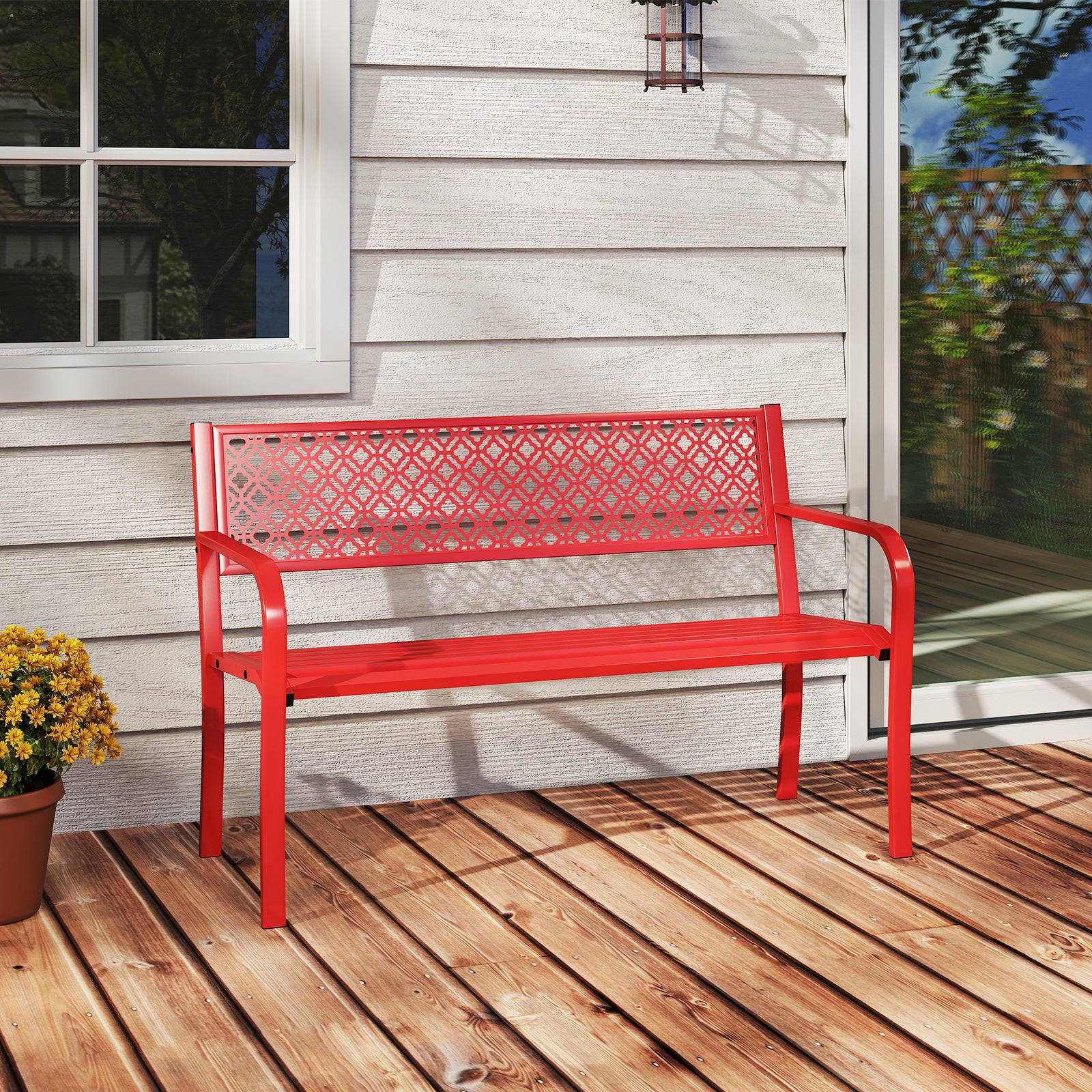 50 Inches Outdoor Garden Bench with Geometric Lattice Backrest and Slatted Seat, Red Outdoor Benches at Gallery Canada