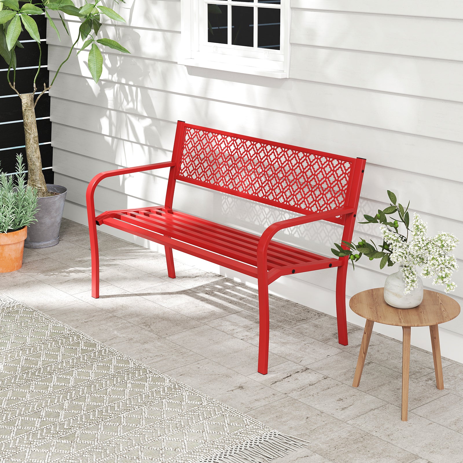 50 Inches Outdoor Garden Bench with Geometric Lattice Backrest and Slatted Seat, Red Outdoor Benches at Gallery Canada