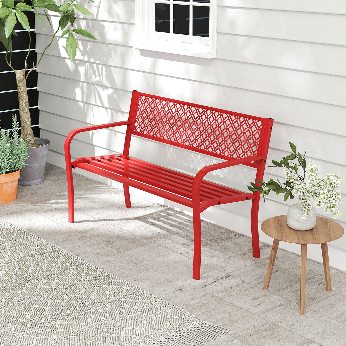 50 Inches Outdoor Garden Bench with Geometric Lattice Backrest and Slatted Seat, Red Outdoor Benches at Gallery Canada