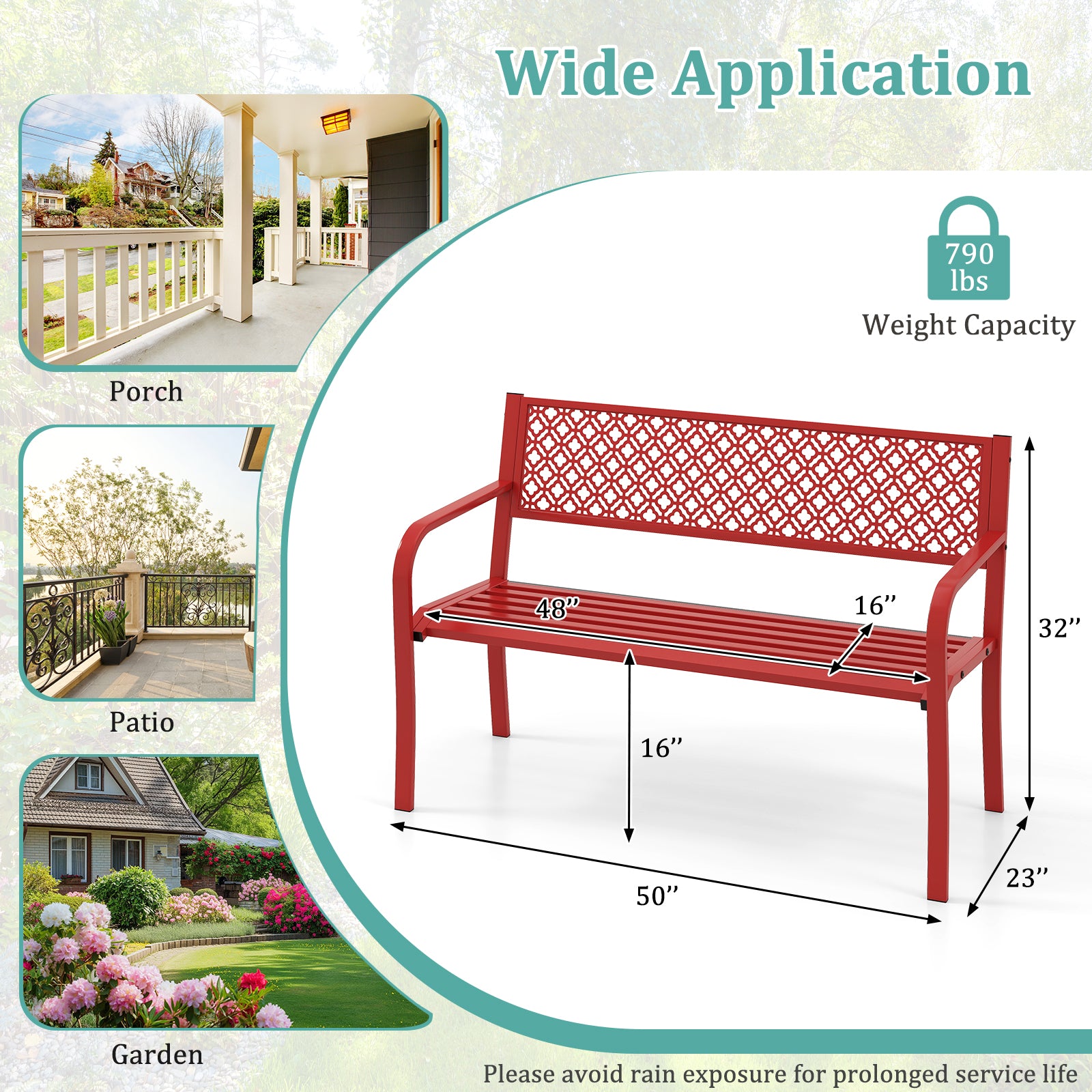 50 Inches Outdoor Garden Bench with Geometric Lattice Backrest and Slatted Seat, Red Outdoor Benches at Gallery Canada