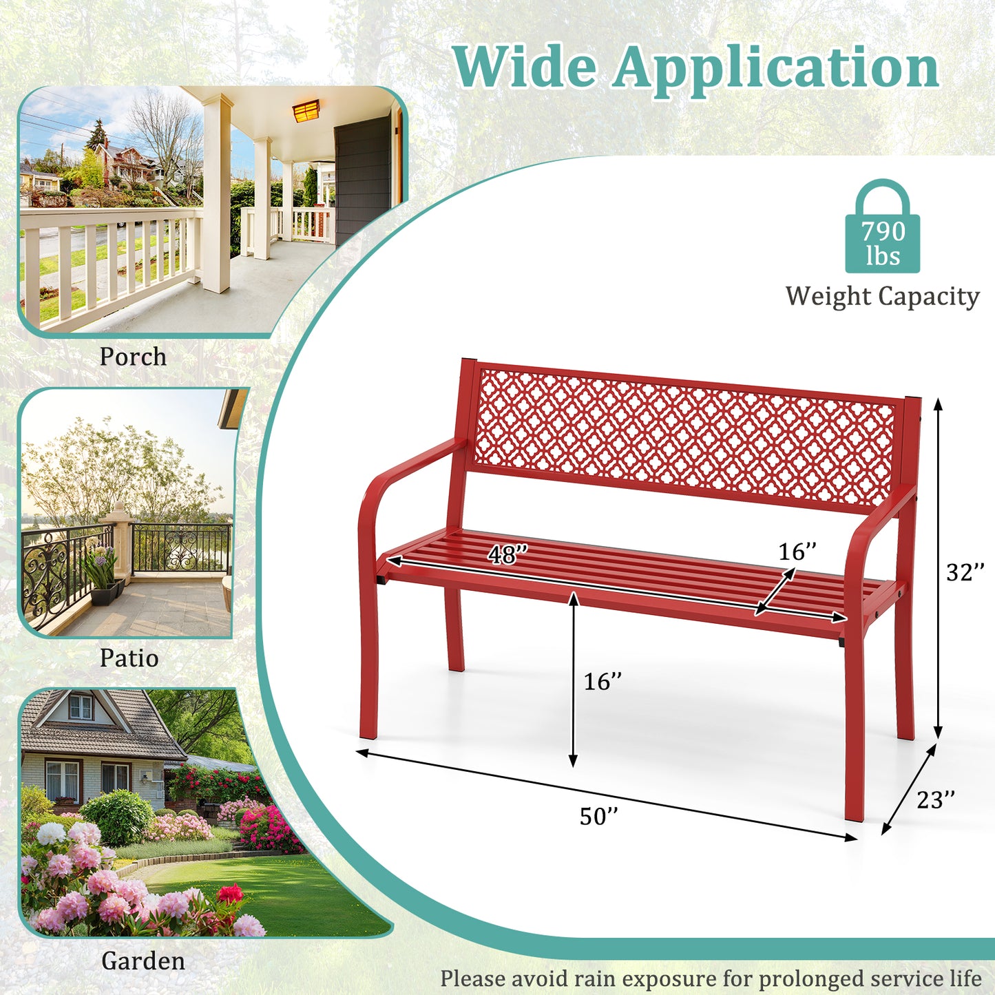 50 Inches Outdoor Garden Bench with Geometric Lattice Backrest and Slatted Seat, Red Outdoor Benches at Gallery Canada