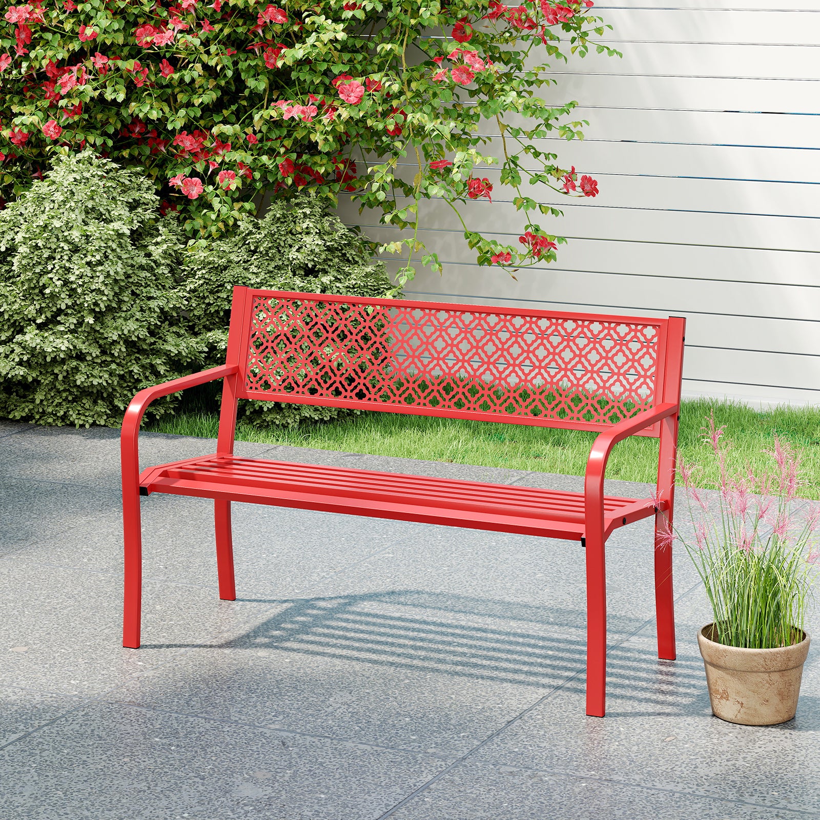50 Inches Outdoor Garden Bench with Geometric Lattice Backrest and Slatted Seat, Red Outdoor Benches at Gallery Canada