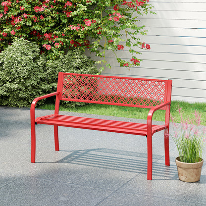 50 Inches Outdoor Garden Bench with Geometric Lattice Backrest and Slatted Seat, Red Outdoor Benches at Gallery Canada