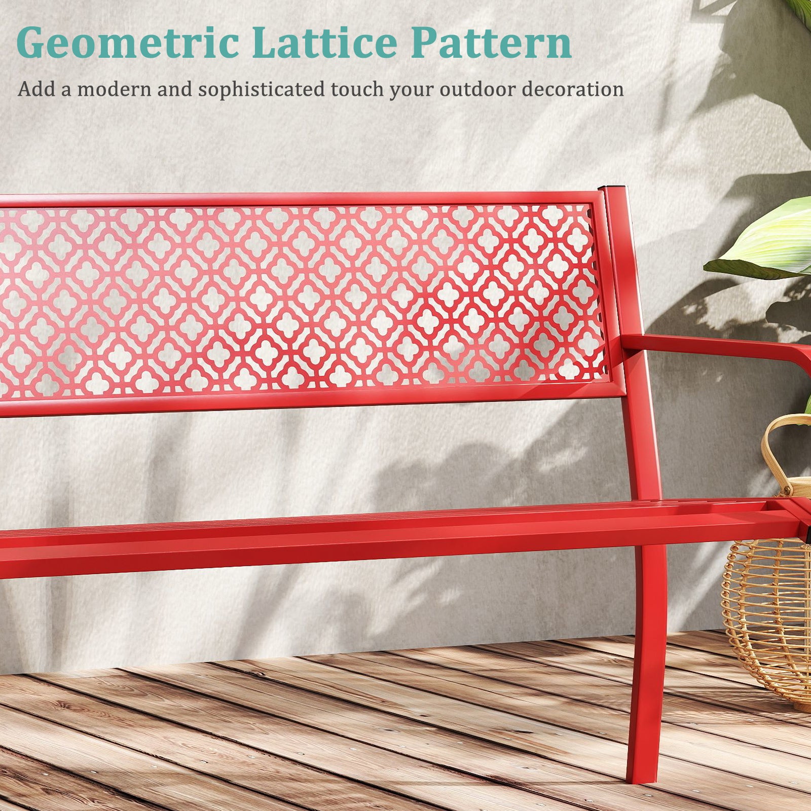 50 Inches Outdoor Garden Bench with Geometric Lattice Backrest and Slatted Seat, Red Outdoor Benches at Gallery Canada