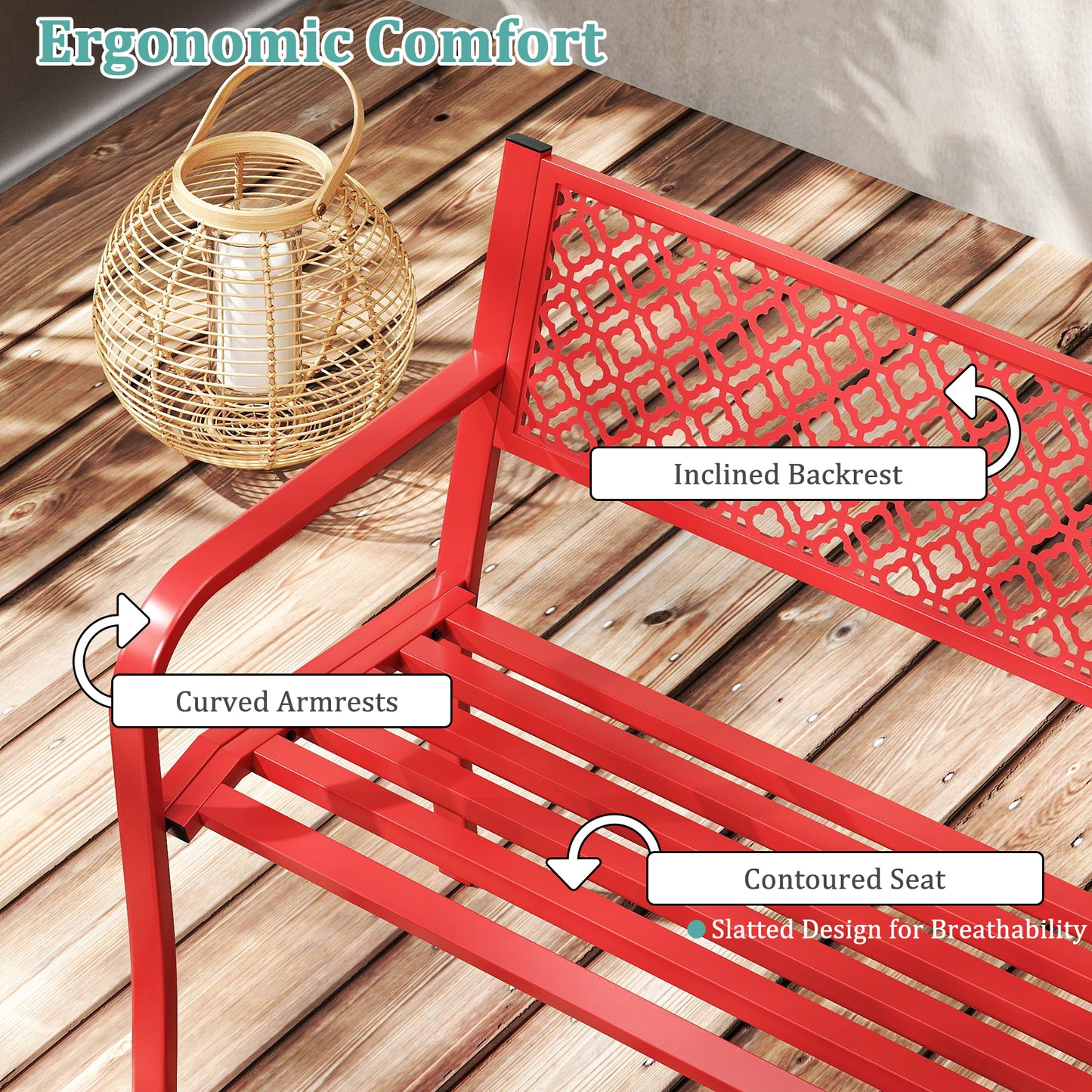 50 Inches Outdoor Garden Bench with Geometric Lattice Backrest and Slatted Seat, Red Outdoor Benches at Gallery Canada
