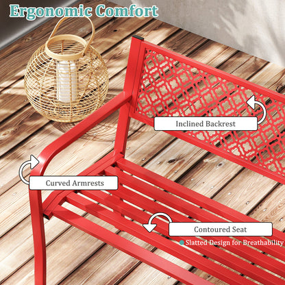 50 Inches Outdoor Garden Bench with Geometric Lattice Backrest and Slatted Seat, Red Outdoor Benches at Gallery Canada