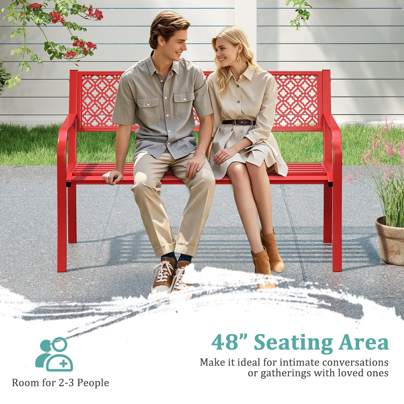 50 Inches Outdoor Garden Bench with Geometric Lattice Backrest and Slatted Seat, Red Outdoor Benches at Gallery Canada