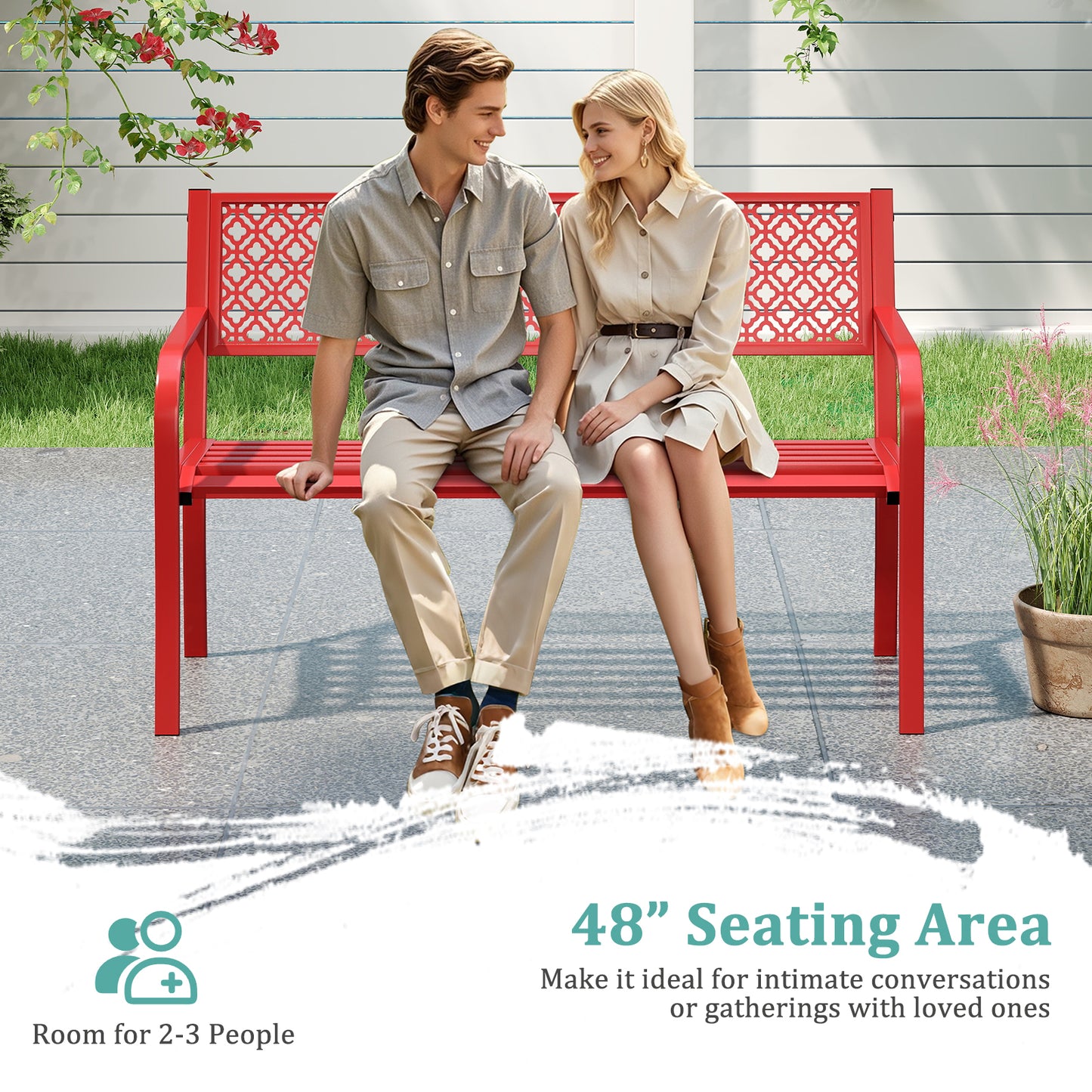 50 Inches Outdoor Garden Bench with Geometric Lattice Backrest and Slatted Seat, Red Outdoor Benches at Gallery Canada