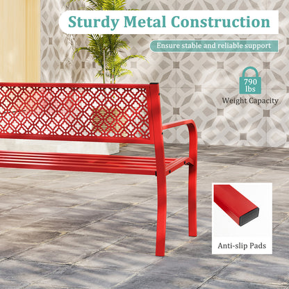 50 Inches Outdoor Garden Bench with Geometric Lattice Backrest and Slatted Seat, Red Outdoor Benches at Gallery Canada