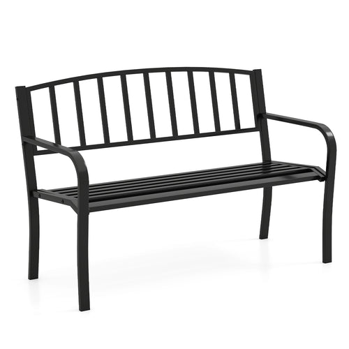50 Inches Outdoor Garden Bench, Slatted Backrest, Curved Armrests, Black