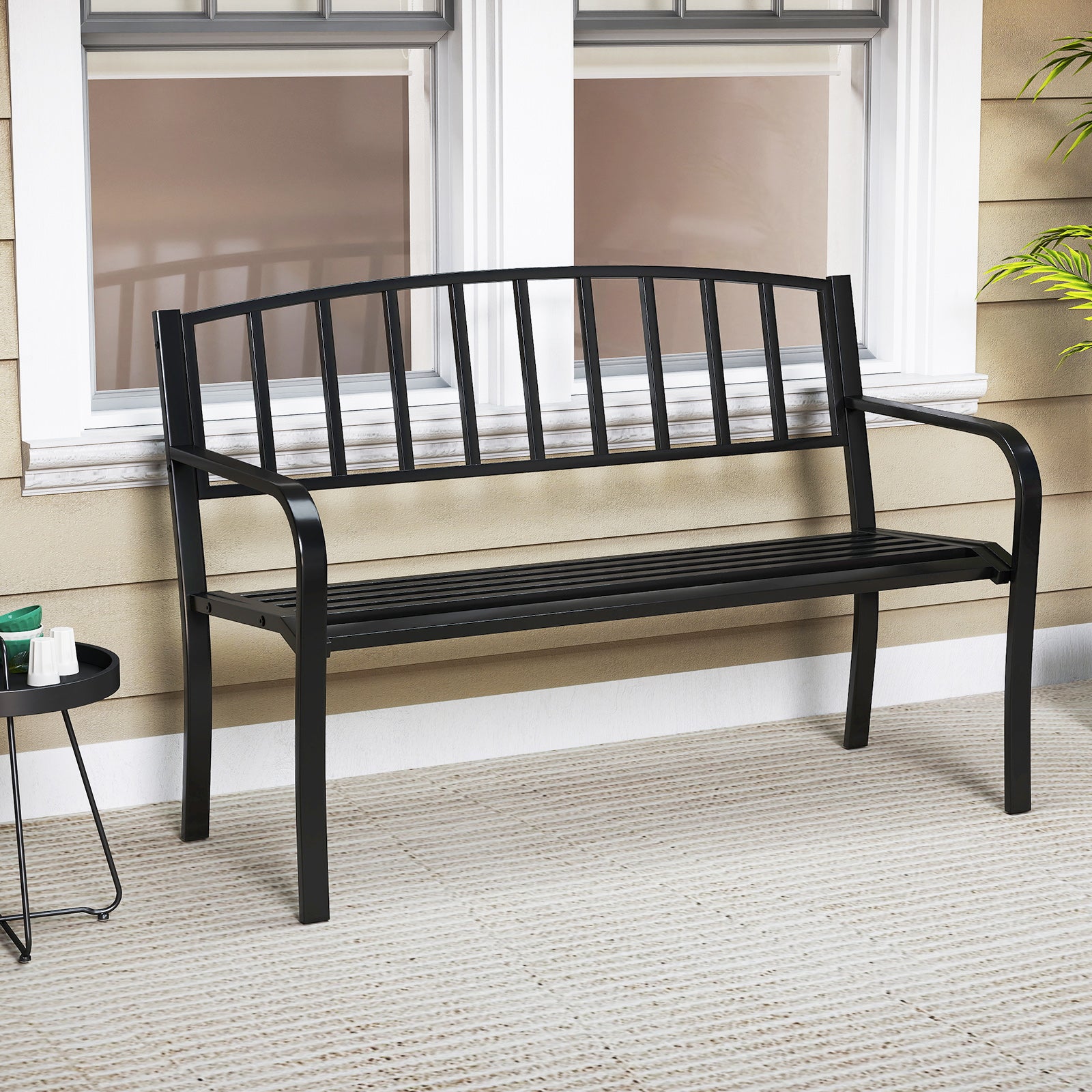 50 Inches Outdoor Garden Bench, Slatted Backrest, Curved Armrests, Black Outdoor Benches at Gallery Canada