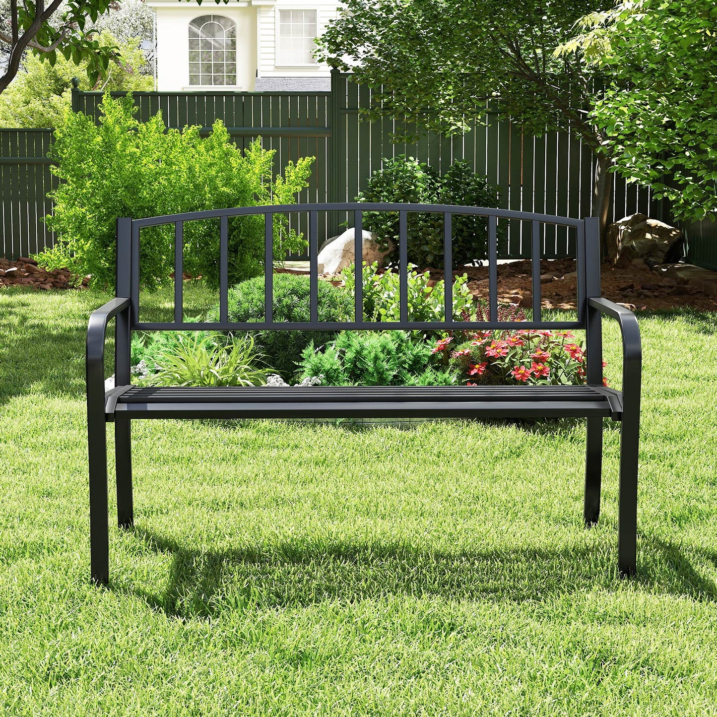 50 Inches Outdoor Garden Bench, Slatted Backrest, Curved Armrests, Black Outdoor Benches at Gallery Canada