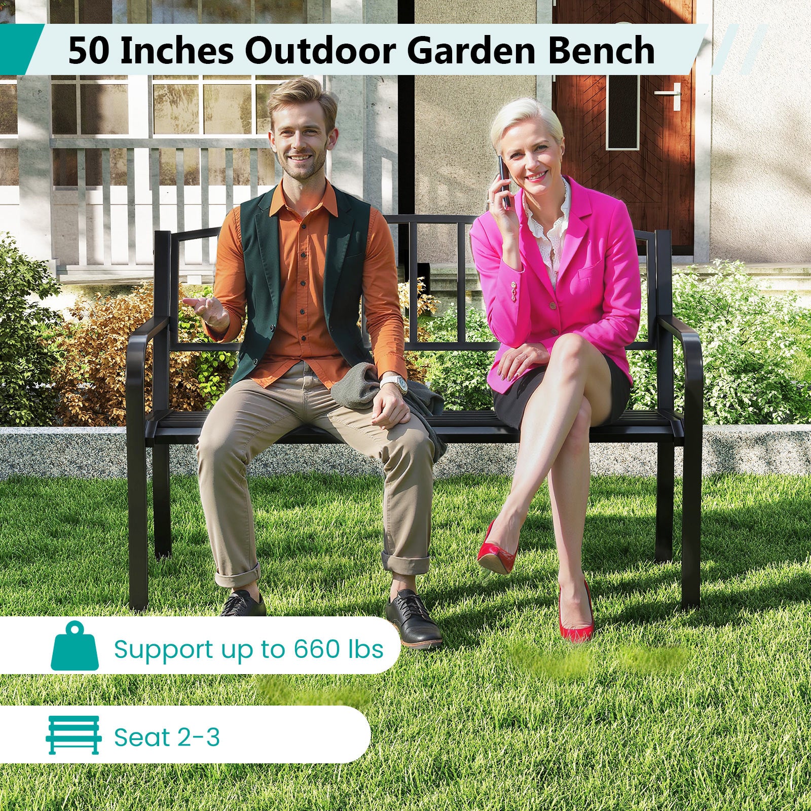 50 Inches Outdoor Garden Bench, Slatted Backrest, Curved Armrests, Black Outdoor Benches at Gallery Canada
