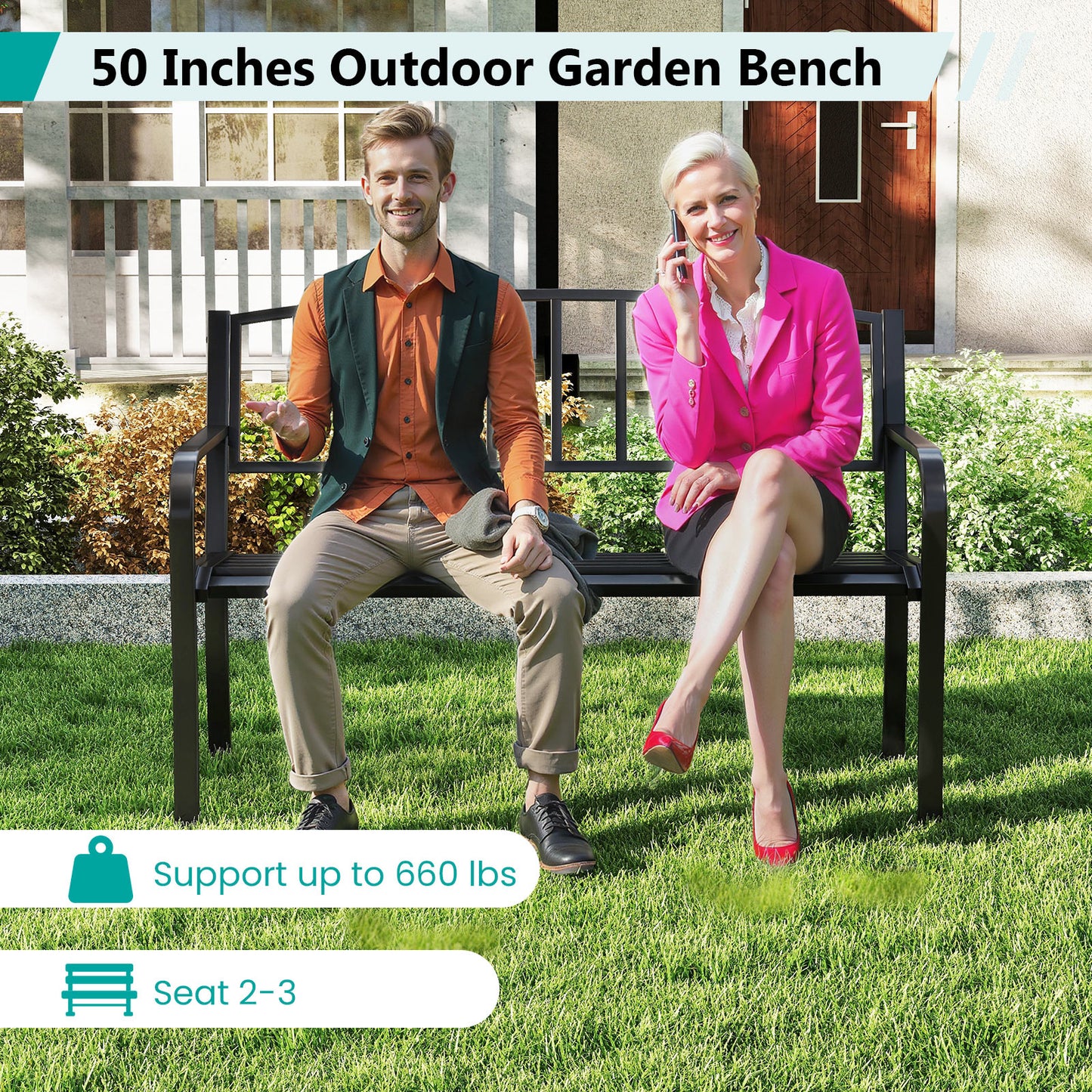 50 Inches Outdoor Garden Bench, Slatted Backrest, Curved Armrests, Black Outdoor Benches at Gallery Canada