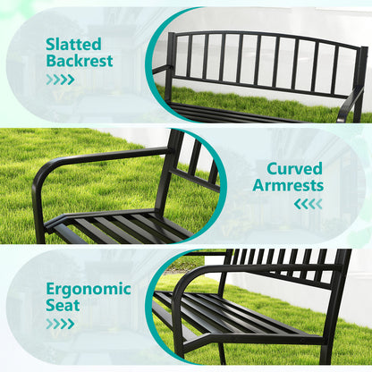 50 Inches Outdoor Garden Bench, Slatted Backrest, Curved Armrests, Black Outdoor Benches at Gallery Canada