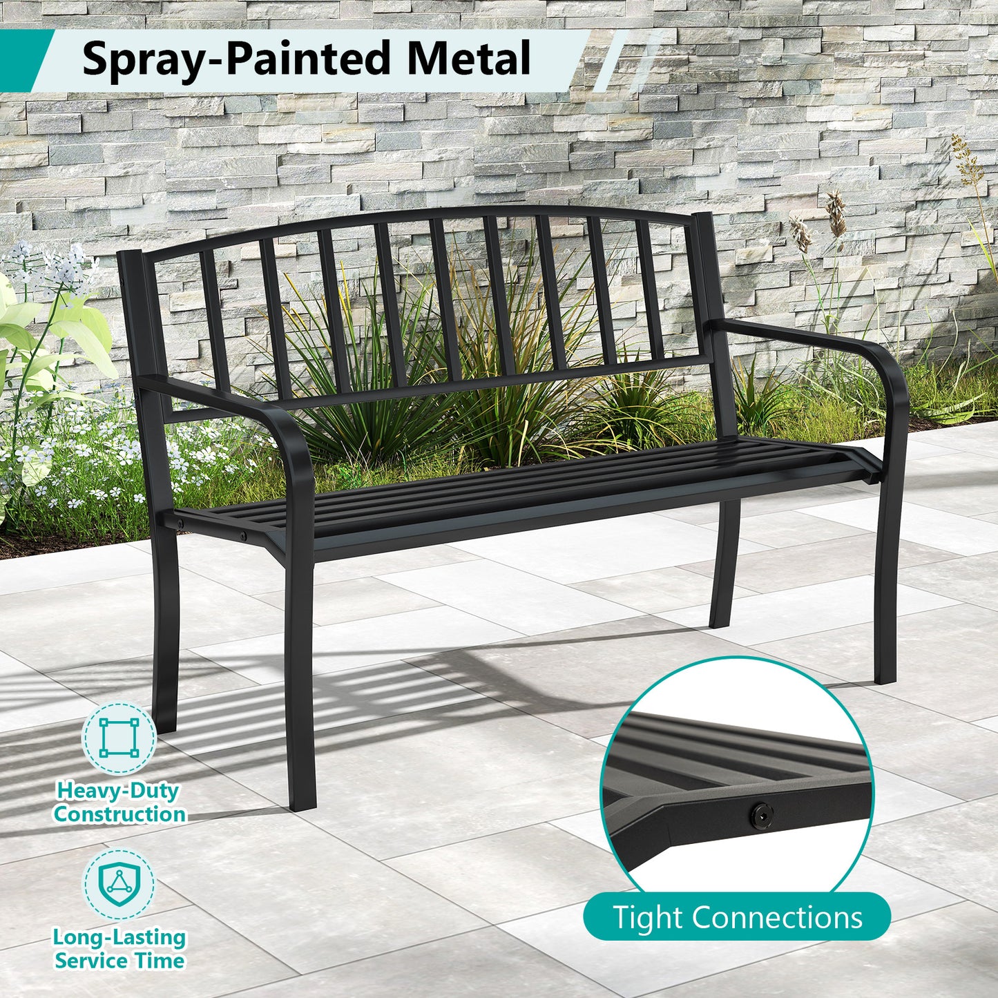 50 Inches Outdoor Garden Bench, Slatted Backrest, Curved Armrests, Black Outdoor Benches at Gallery Canada