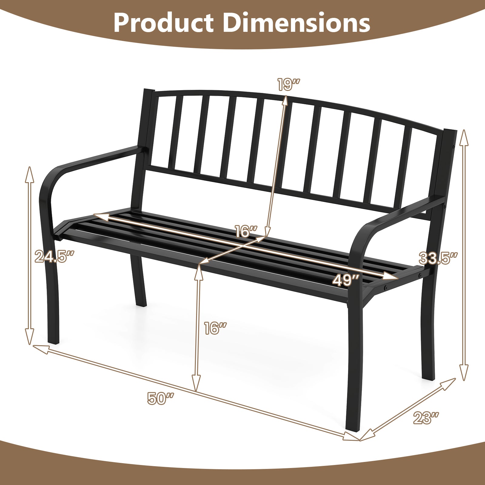 50 Inches Outdoor Garden Bench, Slatted Backrest, Curved Armrests, Black Outdoor Benches at Gallery Canada