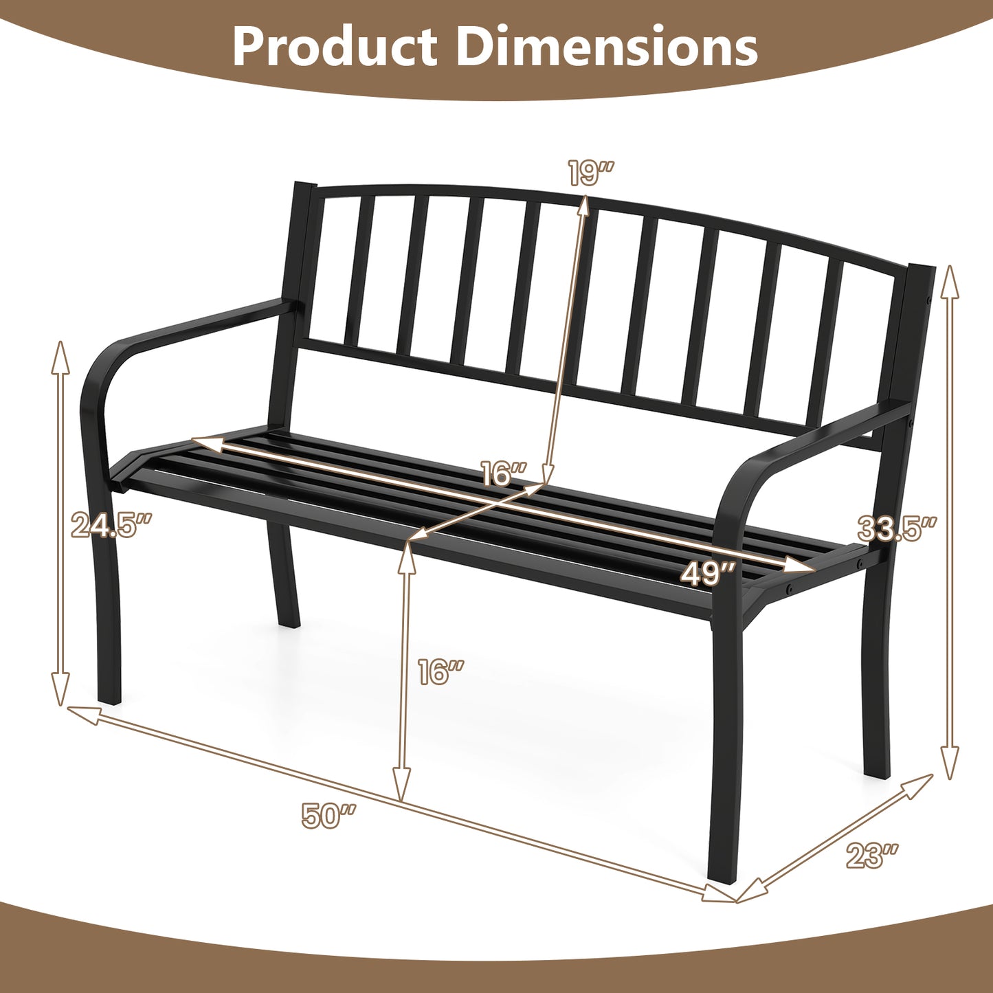 50 Inches Outdoor Garden Bench, Slatted Backrest, Curved Armrests, Black Outdoor Benches at Gallery Canada
