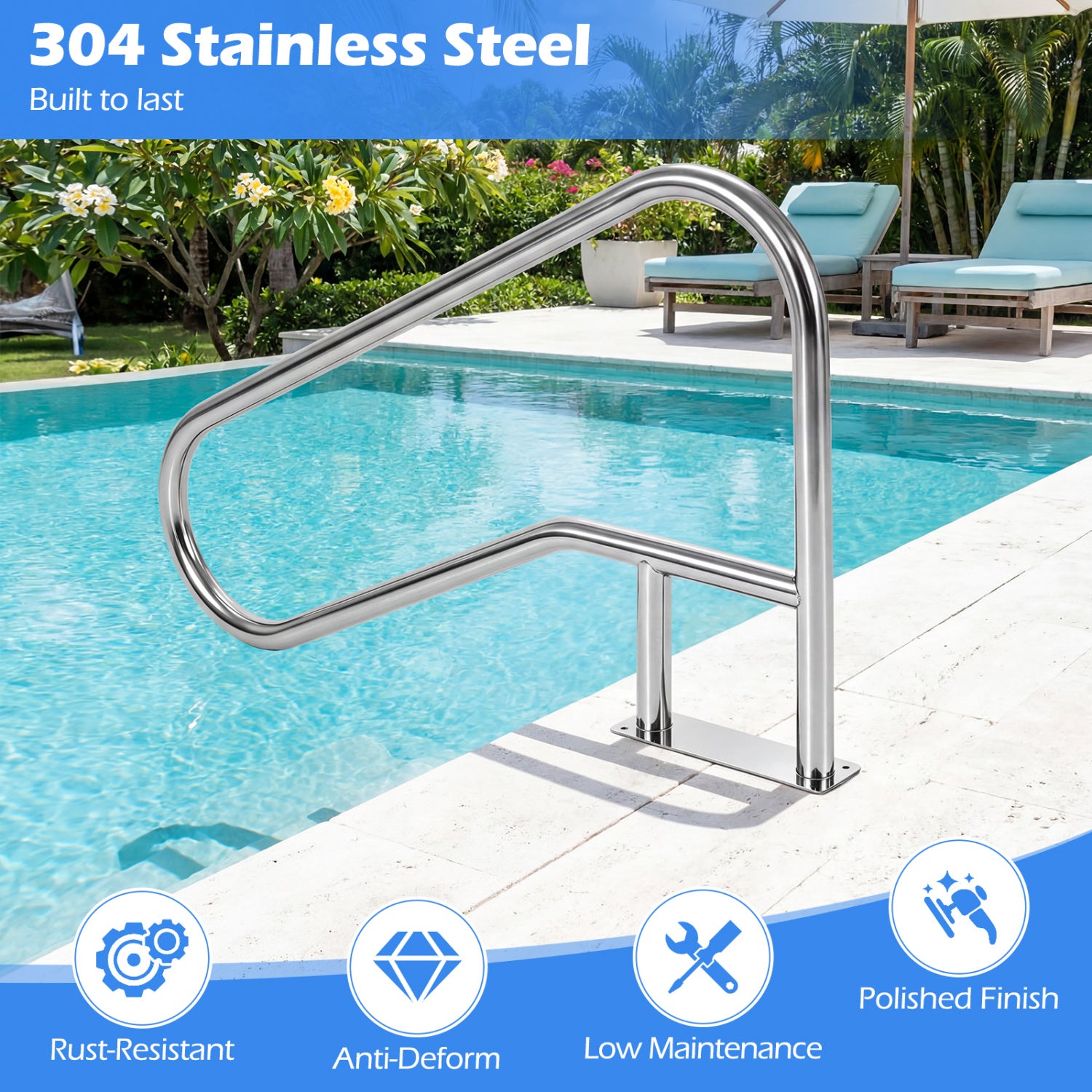50x30 Inch Pool Handrail with Mount Base Plate, Silver Swimming Pools at Gallery Canada