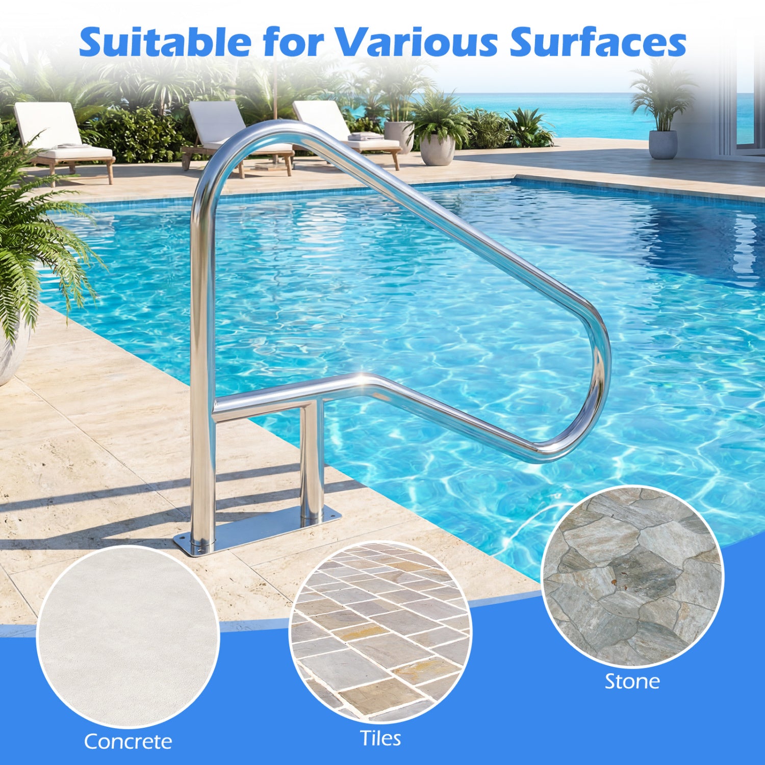 50x30 Inch Pool Handrail with Mount Base Plate, Silver Swimming Pools at Gallery Canada