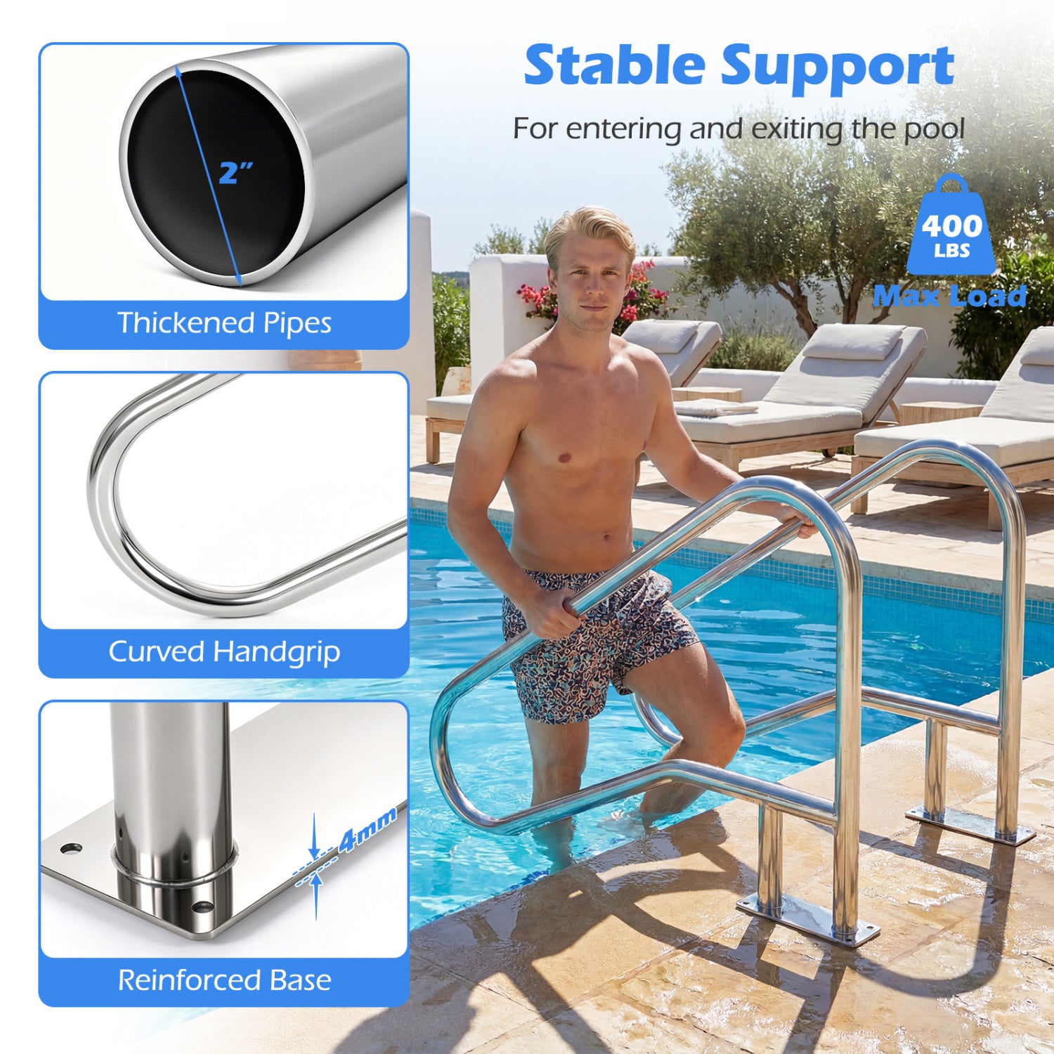 50x30 Inch Pool Handrail with Mount Base Plate, Silver Swimming Pools at Gallery Canada