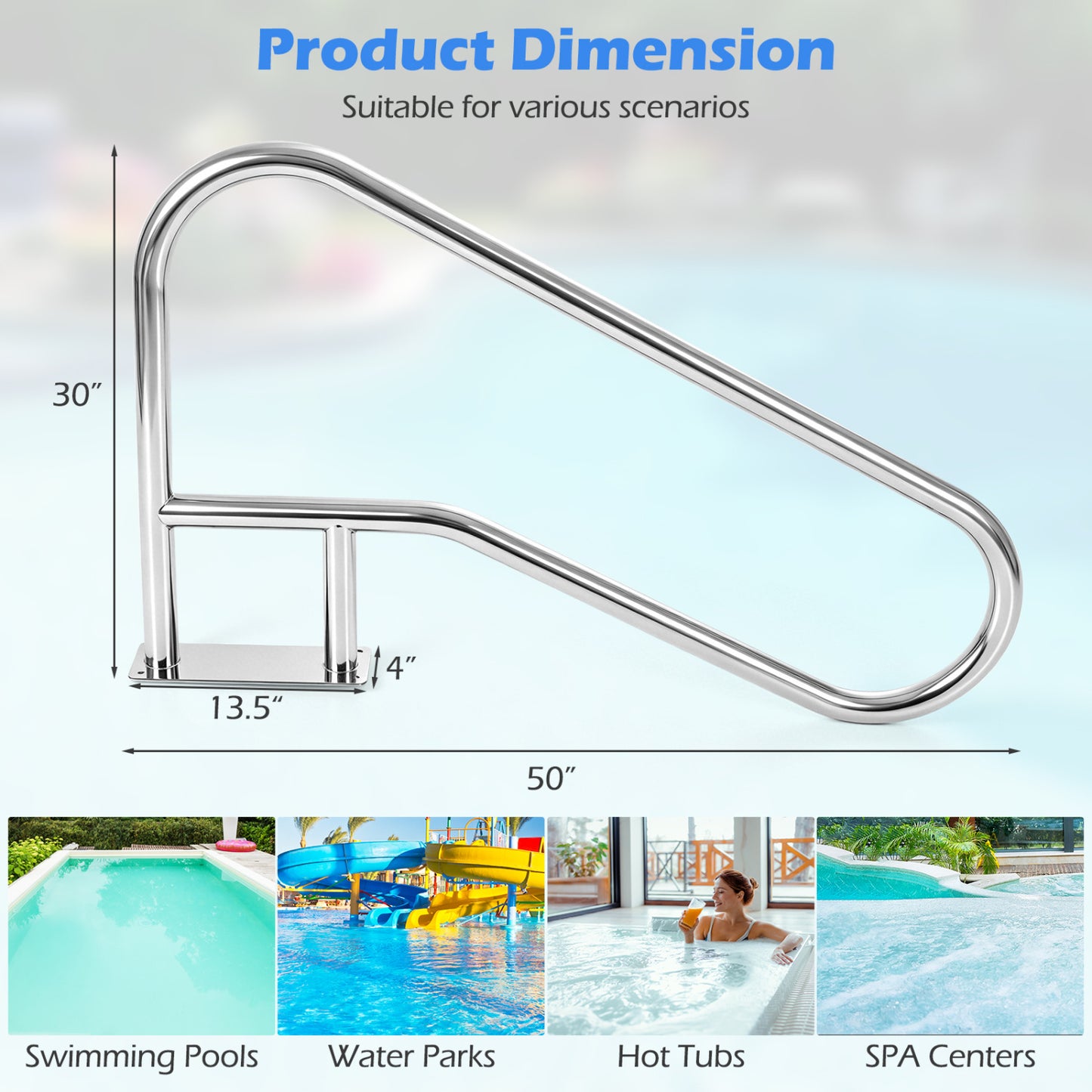 50x30 Inch Pool Handrail with Mount Base Plate, Silver Swimming Pools at Gallery Canada