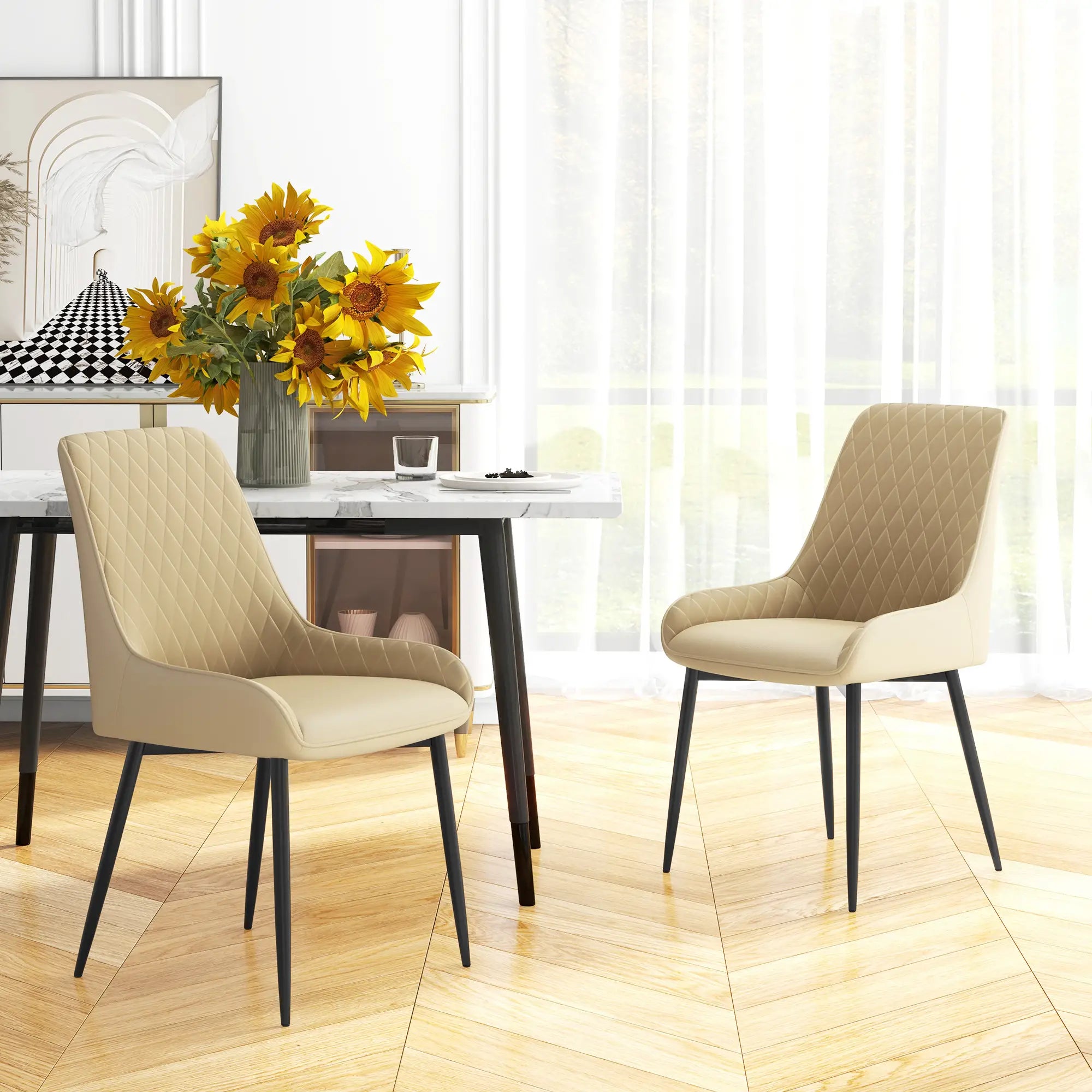 Modern Dining Chairs Set of 2, PU Leather, Metal Legs, Khaki Dining Chairs at Gallery Canada