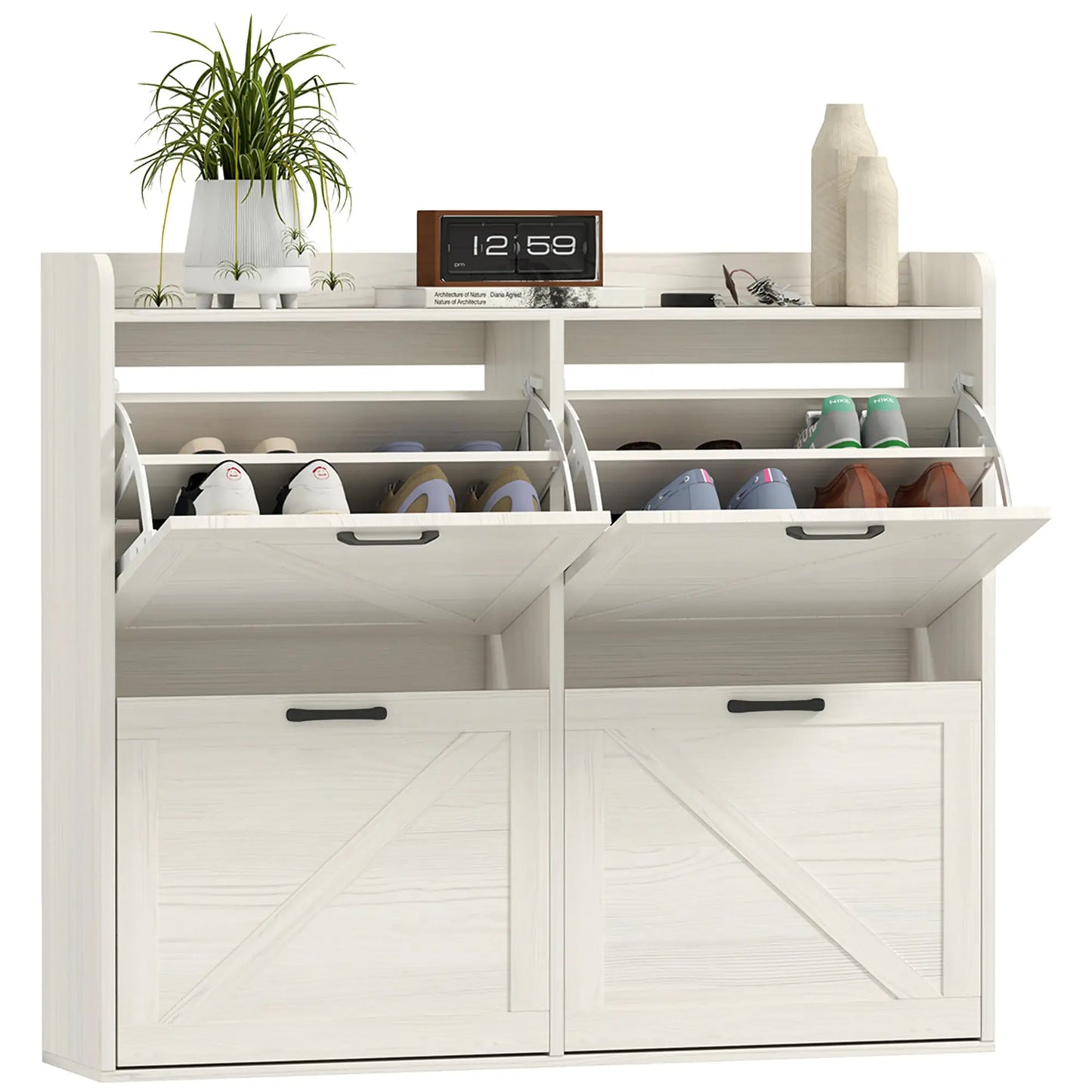 Narrow Shoe Storage Cabinet, 4 Flip Drawers, Adjustable Shelves, 16 Pair, White Oak Shoe Storage Cabinets & Racks at Gallery Canada