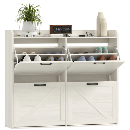 Narrow Shoe Storage Cabinet, 4 Flip Drawers, Adjustable Shelves, 16 Pair, White Oak Shoe Storage Cabinets & Racks at Gallery Canada