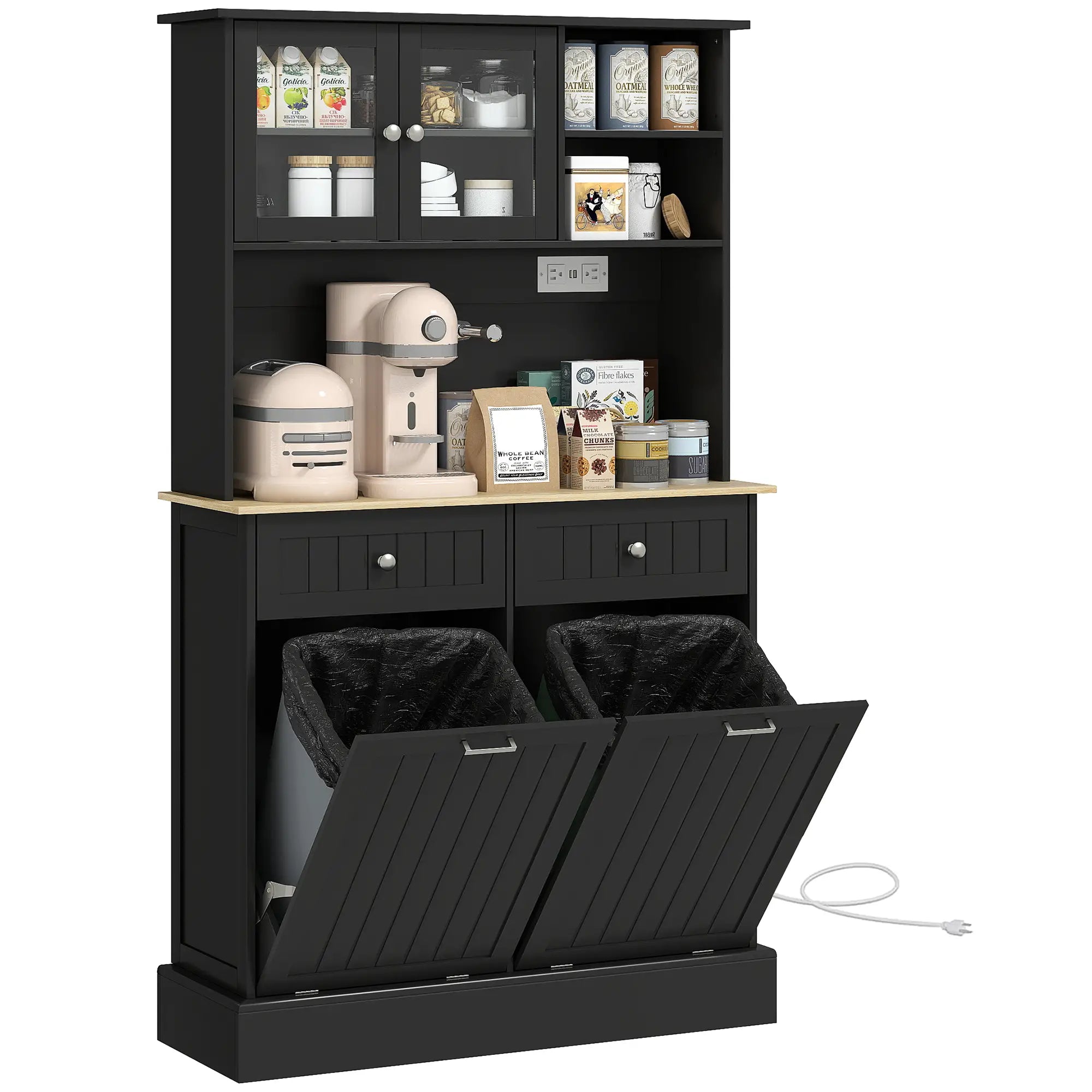 Kitchen Cabinet with Charging Station, 2 Tilt Out Cabinets, Microwave Stand, Black Kitchen Pantry Cabinets at Gallery Canada