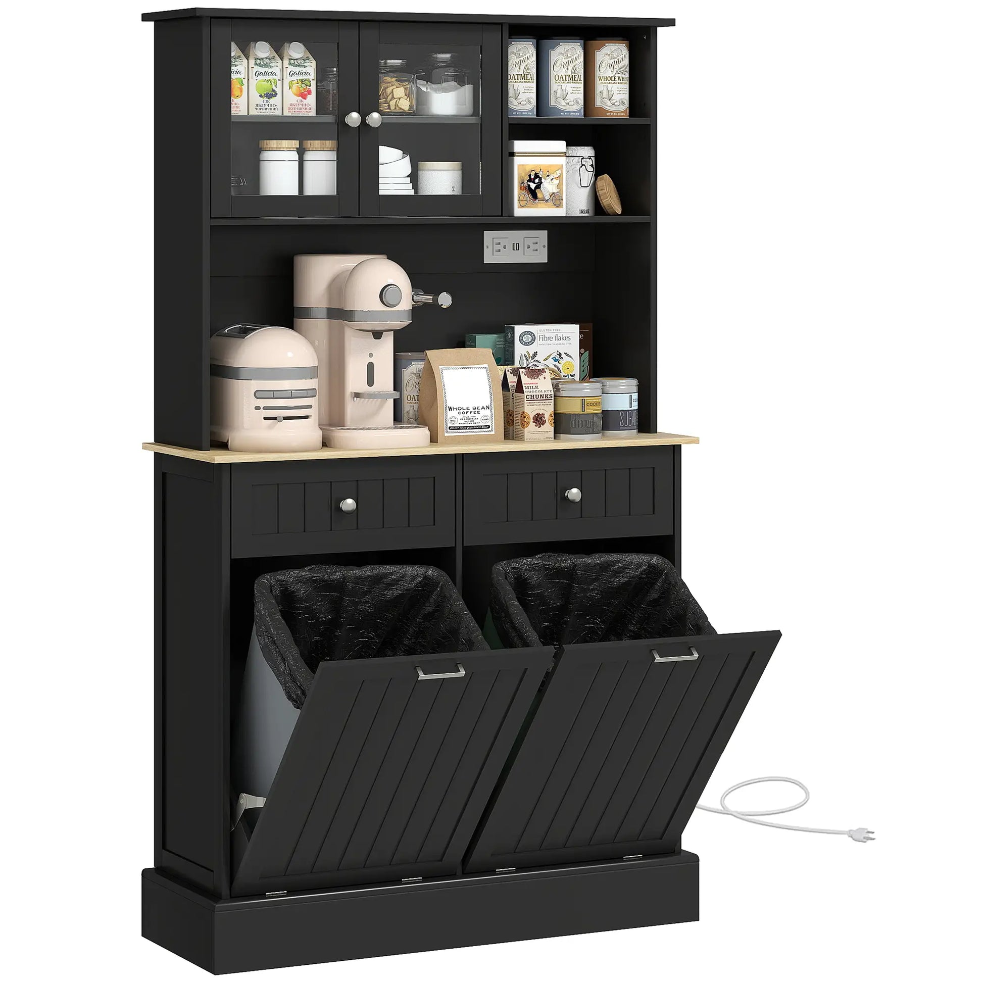 Kitchen Cabinet with Charging Station, 2 Tilt Out Cabinets, Microwave Stand, Black Kitchen Pantry Cabinets at Gallery Canada