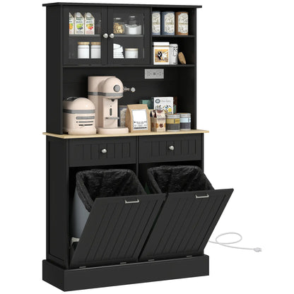 Kitchen Cabinet with Charging Station, 2 Tilt Out Cabinets, Microwave Stand, Black Kitchen Pantry Cabinets at Gallery Canada