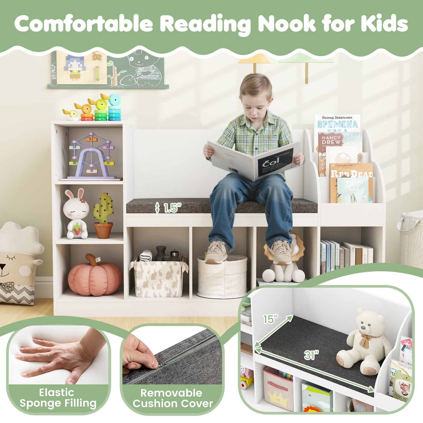 Kids Bookcase with Reading Nook 3-in-1 Standing Toy Organizer, White Kids Storage at Gallery Canada