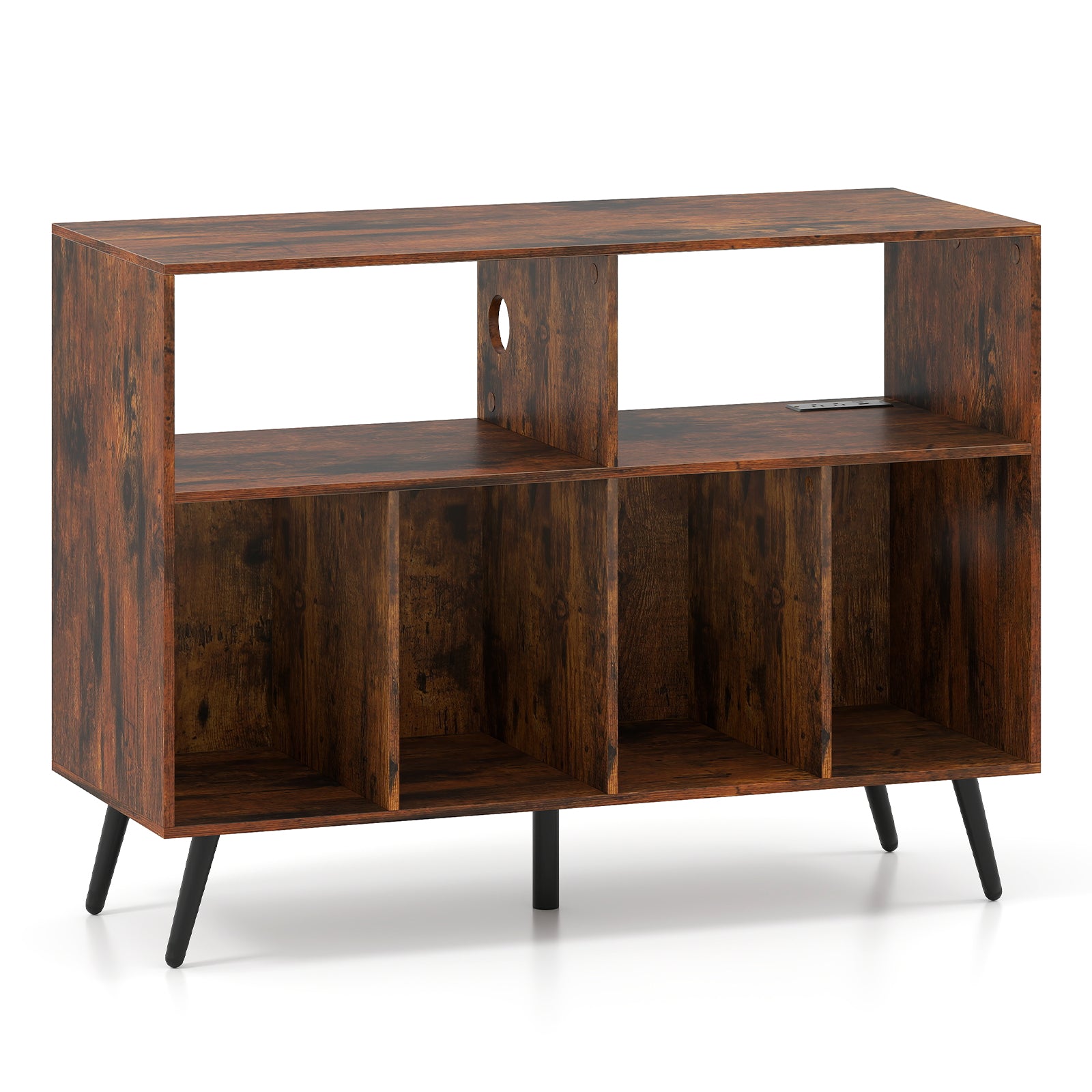 Record Player Stand with Charging Station and Open Shelves, Rustic Brown End & Side Tables at Gallery Canada