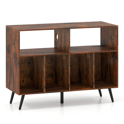 Record Player Stand with Charging Station and Open Shelves, Rustic Brown End & Side Tables at Gallery Canada