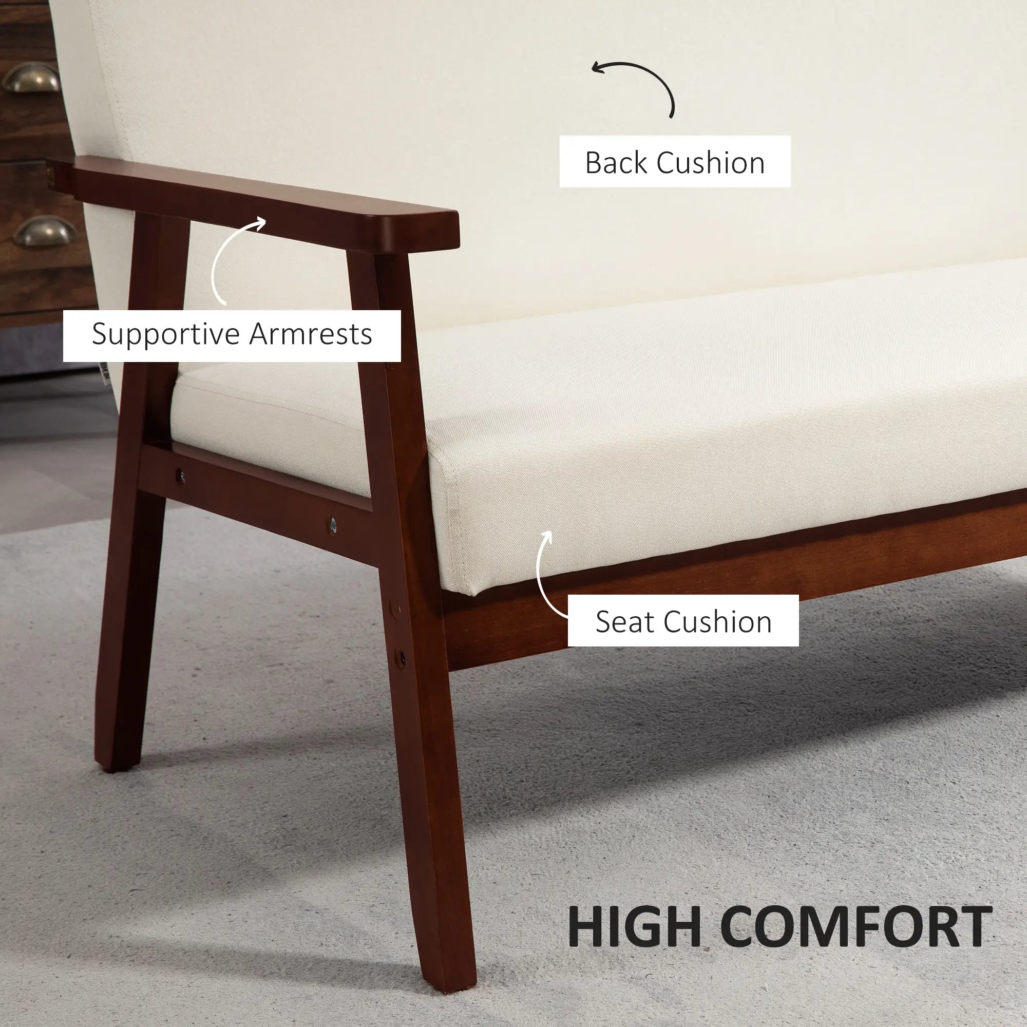 Compact Loveseat Sofa, Linen Fabric, Rubber Wood Legs, Cream White 2-Seater Sofas at Gallery Canada