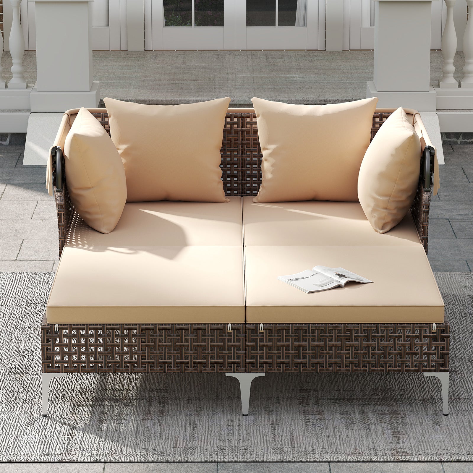 Outdoor Daybed with Retractable Canopy PE Wicker Rattan Patio Lounger, Brown Outdoor Chaise Lounges at Gallery Canada