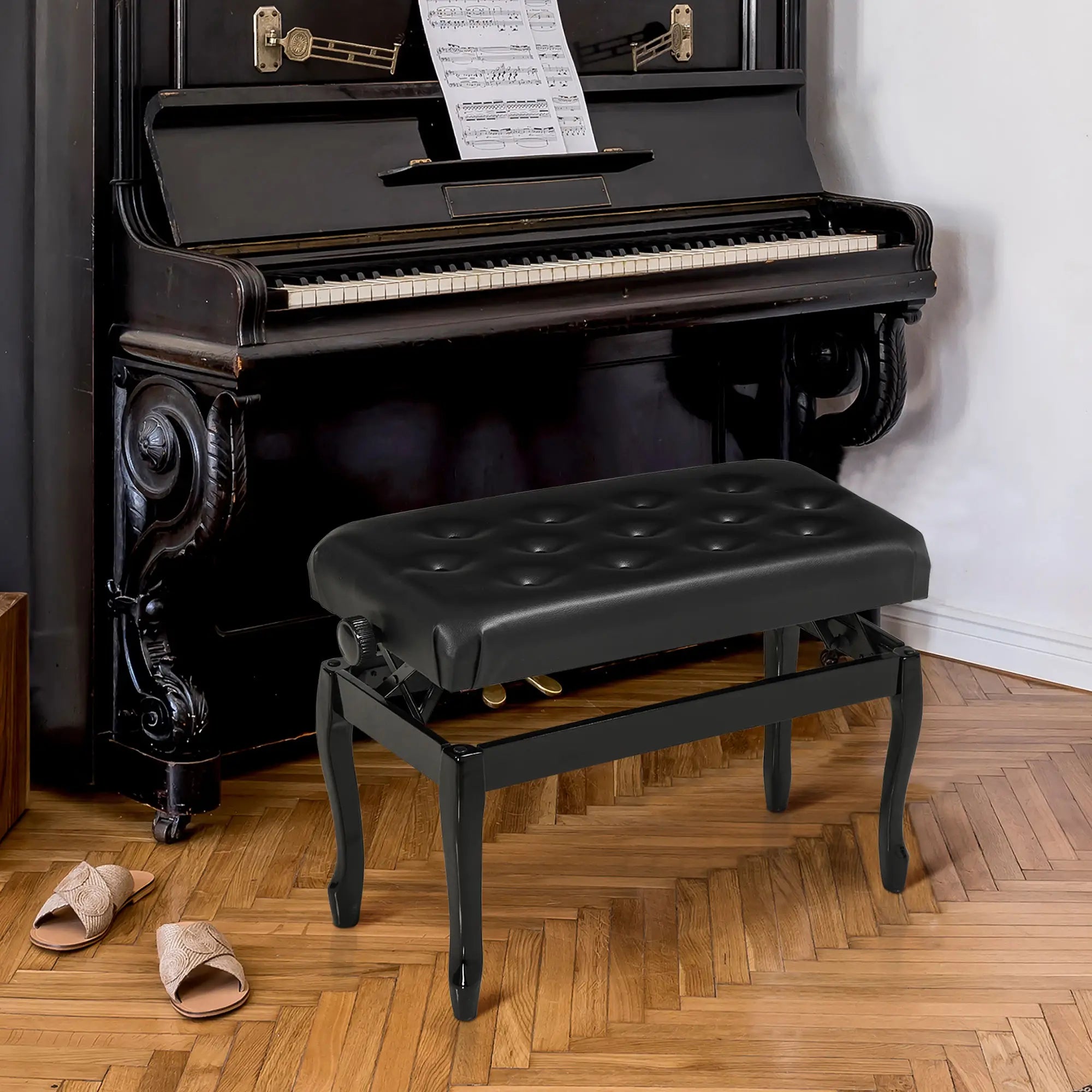 Adjustable Piano Bench, PU Leather, Button Tufted, Black Piano Benches at Gallery Canada