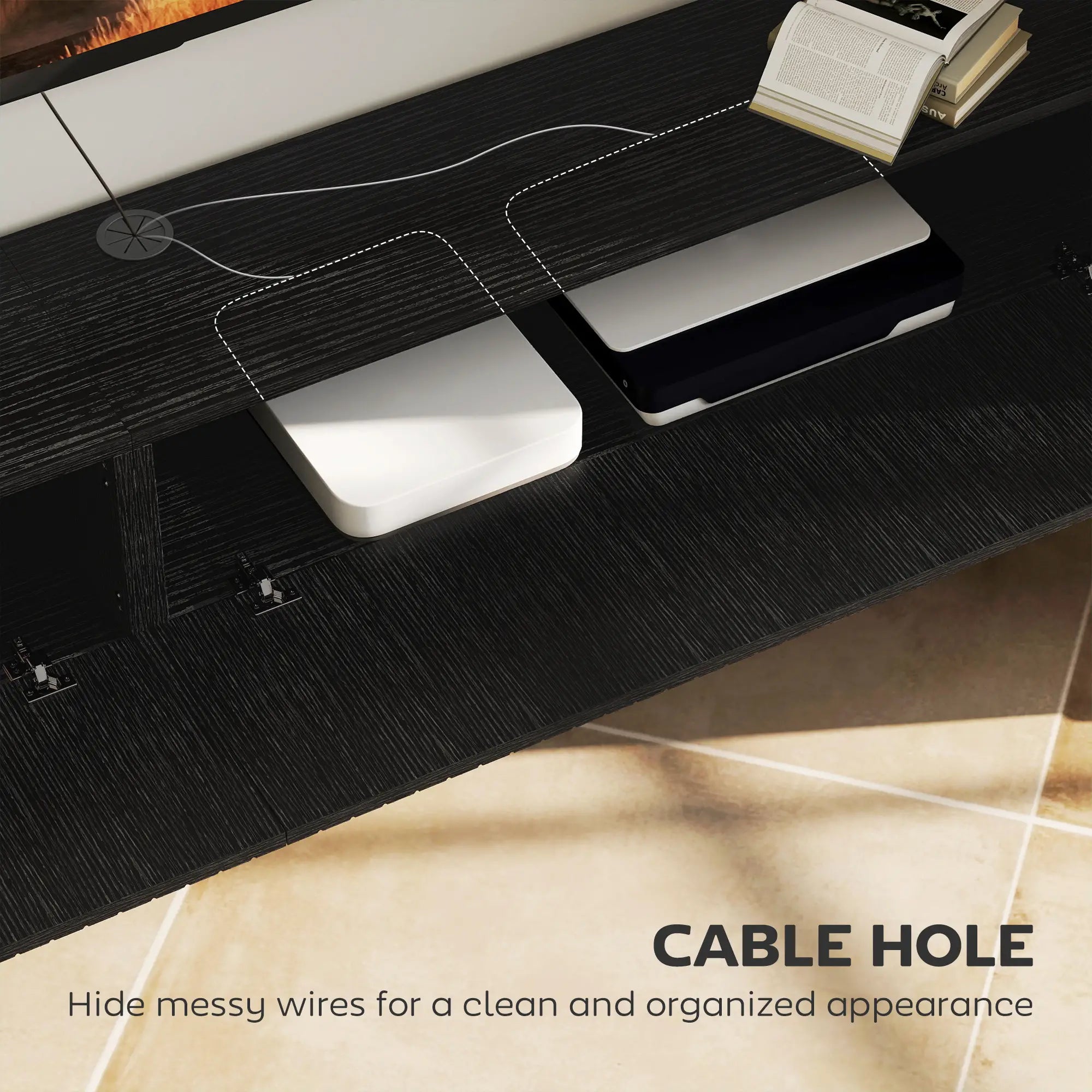 71 Inch Floating TV Stand, Wall Mount Media Console, 2 Fluted Doors, Black TV Stands at Gallery Canada
