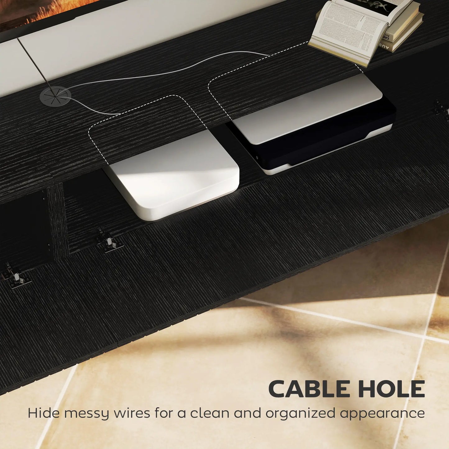 71 Inch Floating TV Stand, Wall Mount Media Console, 2 Fluted Doors, Black TV Stands at Gallery Canada
