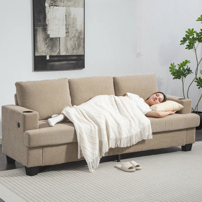 3 Seater Sofa with USB Ports, Cup Holders, Chenille Upholstery, Light Brown 3-Seater Sofas at Gallery Canada