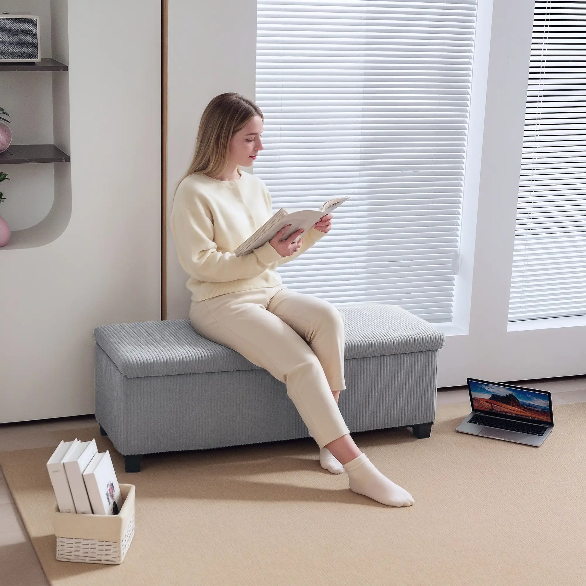 44 Inches Ottoman with Storage, Lid, Legs, Corduroy Bench, Light Grey Storage Ottomans & Benches at Gallery Canada