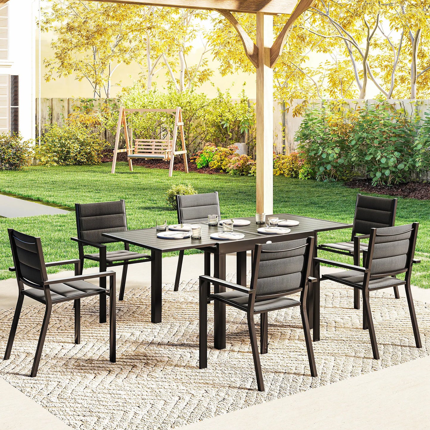 Aluminum Expandable Outdoor Dining Set, 6 Stackable Chairs, Black Outdoor Dining Sets at Gallery Canada