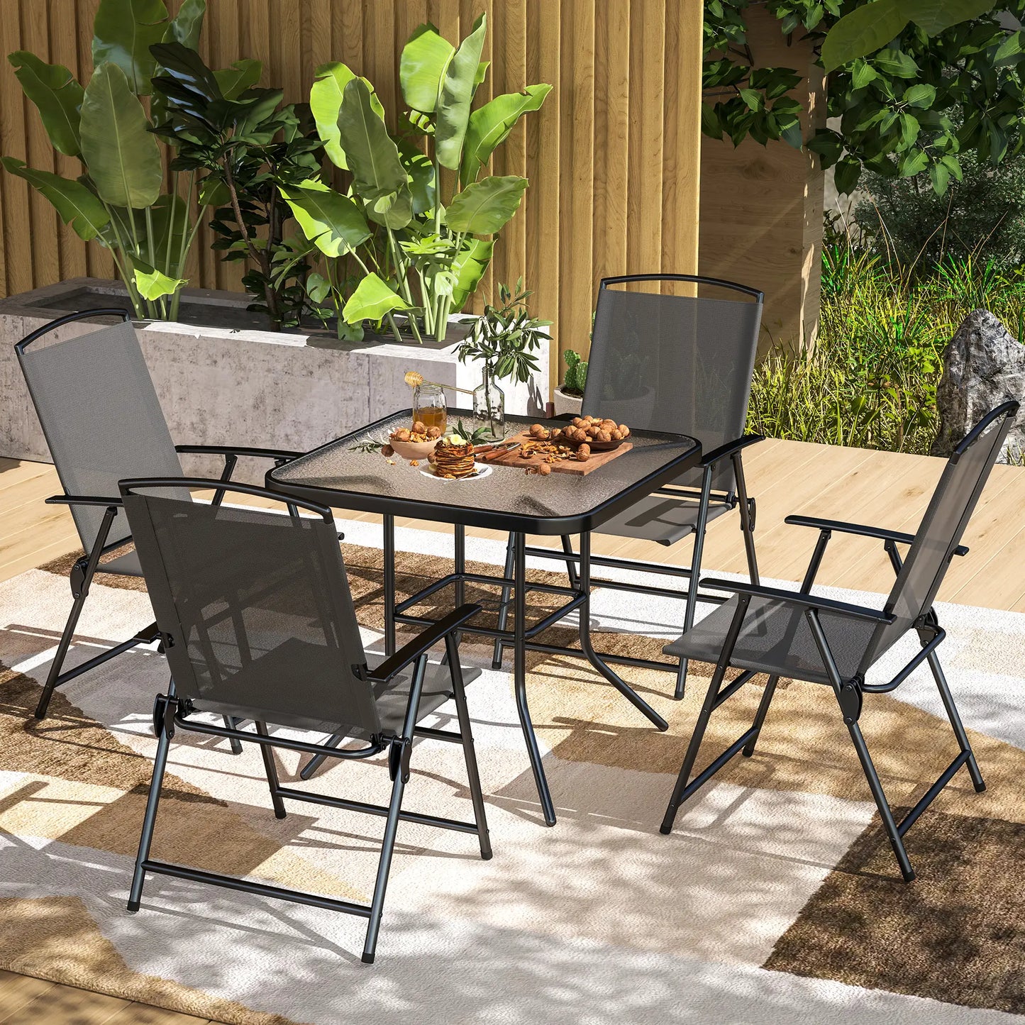 5-Piece Outdoor Dining Set, Glass Top Table, 4 Mesh Chairs, Grey Outdoor Dining Sets at Gallery Canada