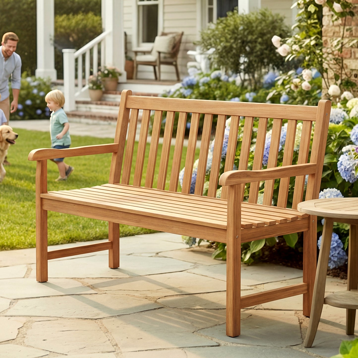 51 Inch Teak Outdoor Porch Bench, 3-Seat Solid Wood Garden Patio Bench Outdoor Benches at Gallery Canada